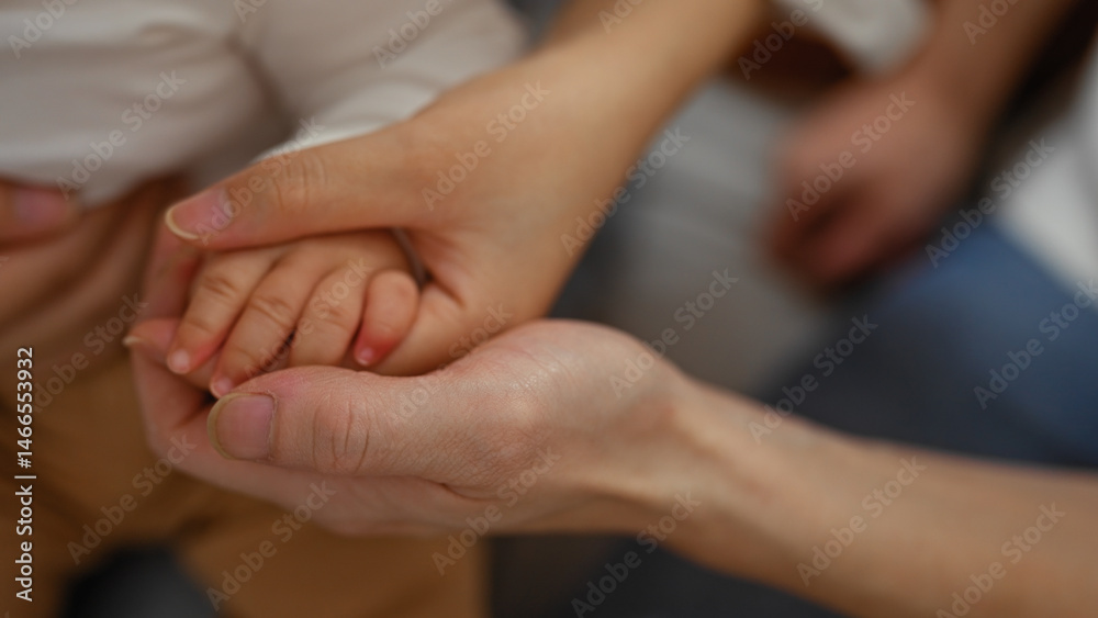 Fototapeta premium Family holding toddler hand indoors symbolizes love and connection, featuring mother father baby together in a cozy living room setting promoting warmth and closeness.