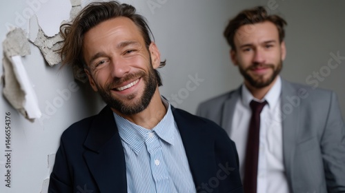 Two smiling stylish businessmen in suits during corporate meeting or event indoors photo