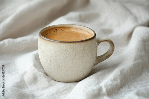 A cup of coffee with crema sits on a linen fabric, creating a cozy and calming scene.