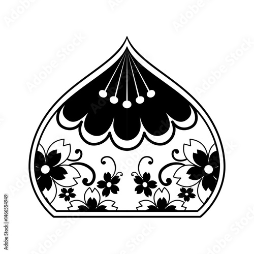 Decorative pattern vector illustration - Symmetrical black and white line floral ornament elements - swirling leaves and intricate hand drawn details