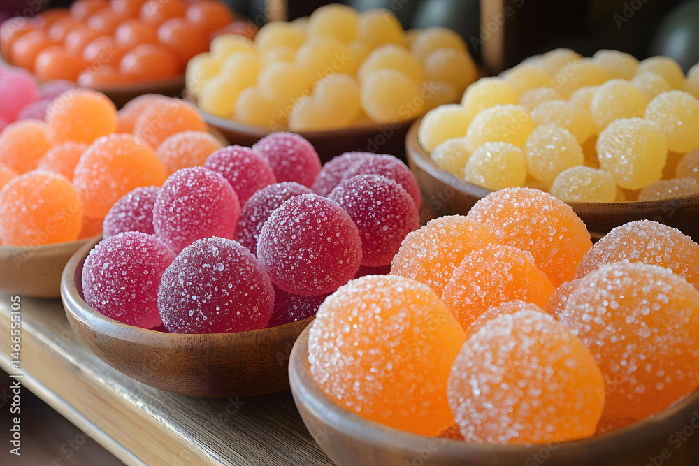 Vibrant Assorted Sugar-Coated Jelly Candies Displayed in Wooden Bowls for Sweet Treat Lovers