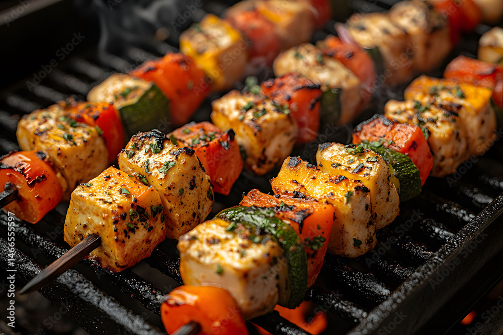 Grilled Vegetable and Chicken Skewers on Barbecue Grill for Summer Cookout