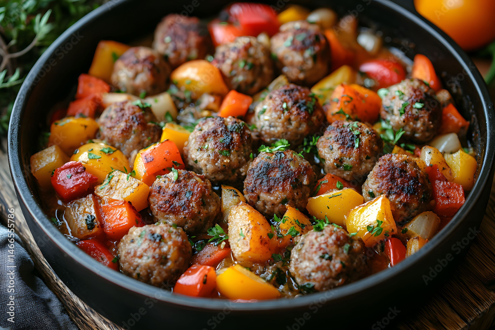 Hearty Meatballs with Roasted Bell Peppers in Rustic Skillet