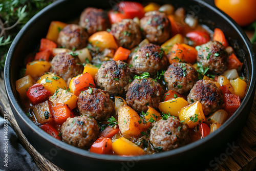 Obraz na płótnie Hearty Meatballs with Roasted Bell Peppers in Rustic Skillet w salonie