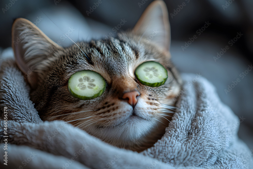 Relaxing Cat with Cucumber Slices on Eyes Wrapped in Blanket - Spa and Relaxation Concept