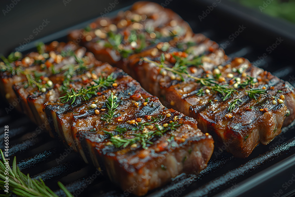 Grilled Seasoned Beef Steaks with Herbs on Barbecue Grill