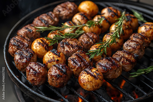 Obraz na płótnie Grilled Meat and Potatoes with Rosemary on Barbecue Grill for Summer Feast w salonie