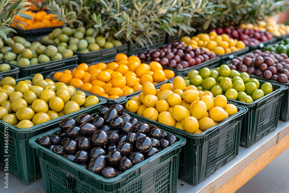 Vibrant Olive and Fruit Display at Open Market for Culinary Inspiration and Print Design