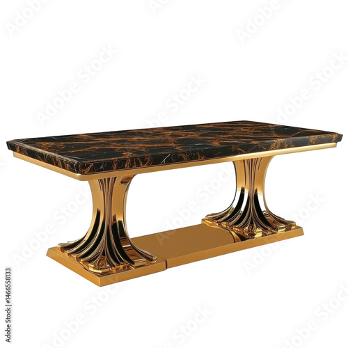 Luxurious marbletop table with golden pedestal legs gleams against a stark black background