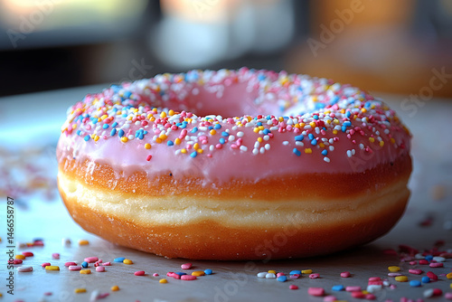 Obraz na płótnie Colorful Sprinkle Donut with Pink Glaze - Perfect for Sweet Treat Displays and Bakery Promotions w salonie