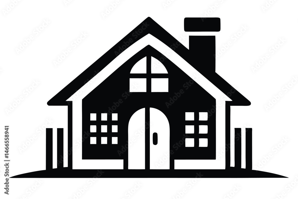 A monochrome house icon shows a simple building with chimney and windows A monochrome house icon shows a simple building with chimney and windows