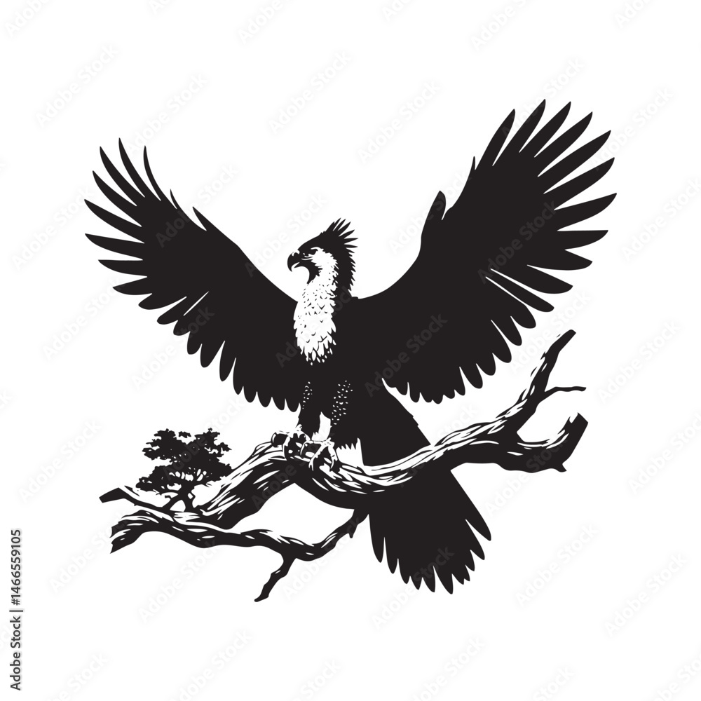 Obraz premium Harpy Eagle Vector Silhouette, Majestic Bird of Prey, Detailed Avian Design, Powerful Eagle Outline, Nature-Inspired Wildlife Art Illustration. 