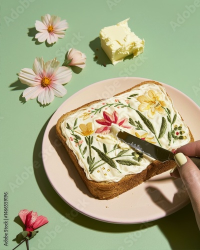 Toast Topped with Embroidered Floral Design Accompanied by Butter and Flowers on a Light Green Surface