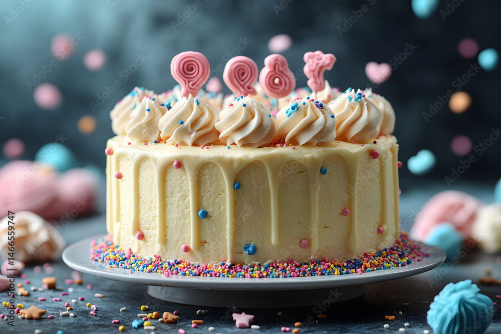 Elegant Birthday Cake with Candles and Rainbow Sprinkles for Celebration Decor
