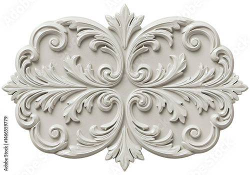 Intricate white plaster molding with rococo design. Features swirling leaves and ornate details. Suitable for interior decor.