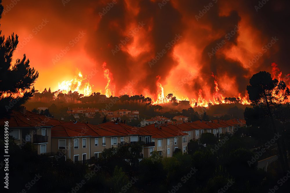 Intense Wildfire Scene Near Urban Area with Fiery Sky and Smoke