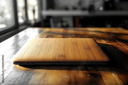 Bamboo laptop case rests on a rustic wooden table in sunlight. Eco-friendly design.