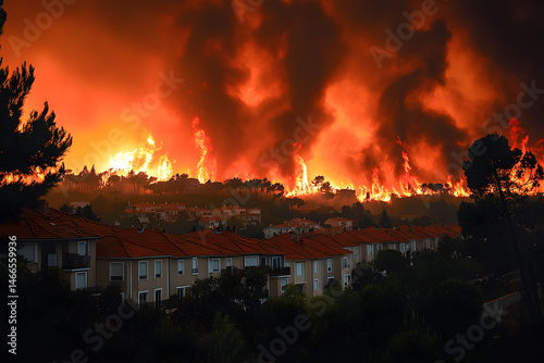 Obraz na płótnie Intense Wildfire Scene Near Urban Area with Fiery Sky and Smoke w salonie