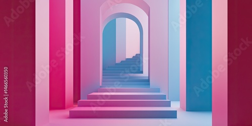 Pastel Stairway Dreamy Archways in Gradient Light with Abstract Architecture.