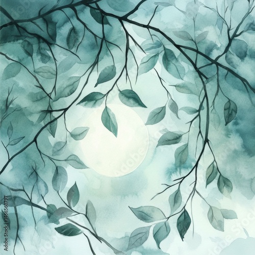 Watercolor Moonlit Night Serenity Canopy of Leaves and Branches Artistic Tranquility Scene