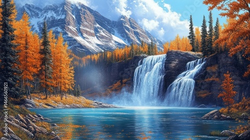 Autumnal mountain waterfall cascading into a serene lake