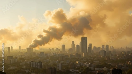 Urban skyline shrouded in smoke during sunset  