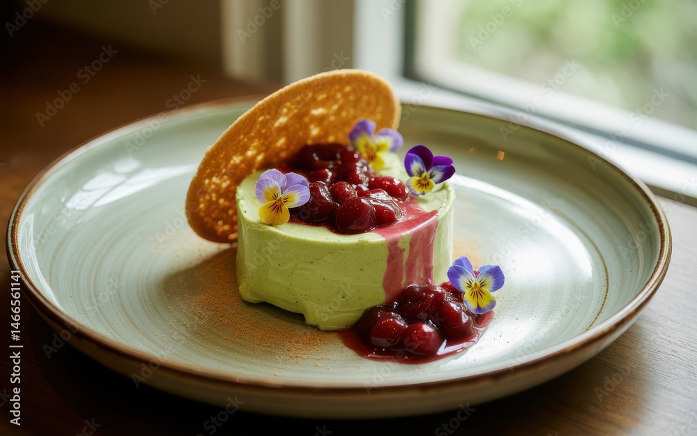 Green Mousse Cake with Cherry Sauce, Edible Flowers, and Wafer. Green Mousse Cake with Cherry Sauce, Edible Flowers, and Wafer.