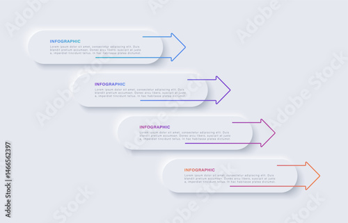 Neumorphism infographic design template with arrows. Four steps or options with text