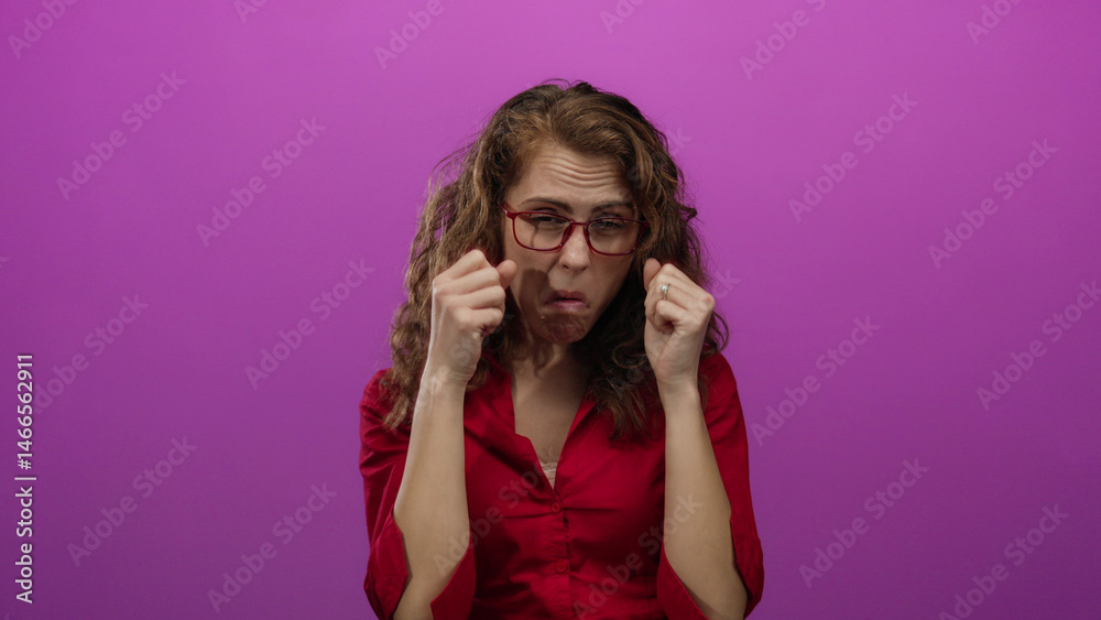 Woman expressing disgust over an isolated pink background wall with glasses showing emotion through her facial expressions conveying negative feelings. Woman expressing disgust over an isolated pink background wall with glasses showing emotion through her facial expressions conveying negative feelings.