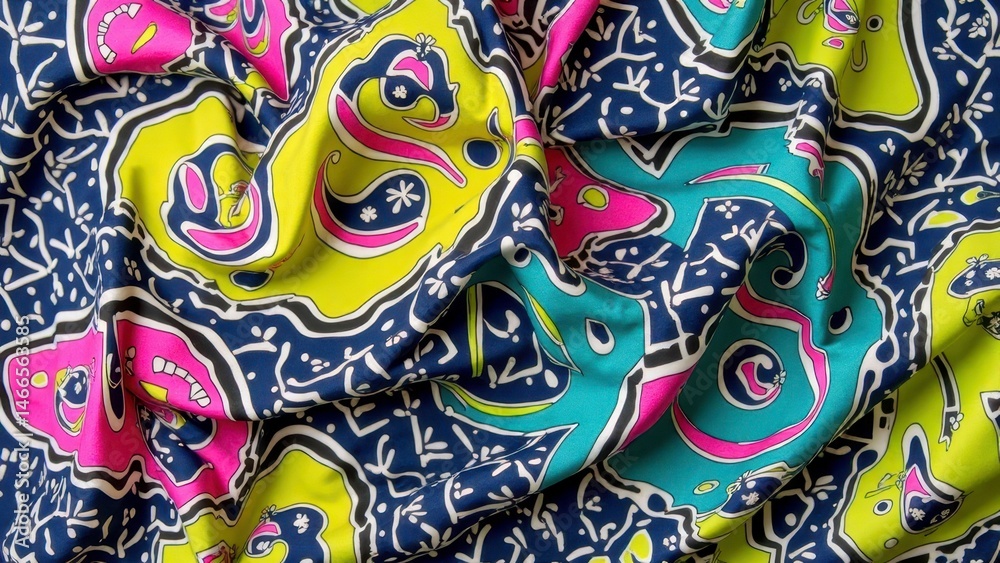 Fototapeta premium Colorful abstract patterned fabric with vibrant shapes and lines