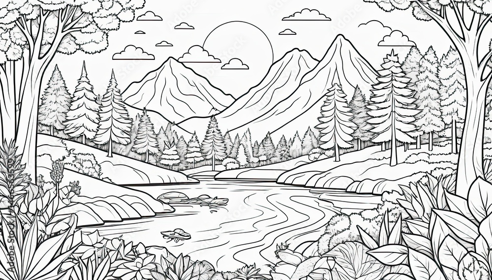 Black And White Mountain River Landscape Sketch Black And White Mountain River Landscape Sketch