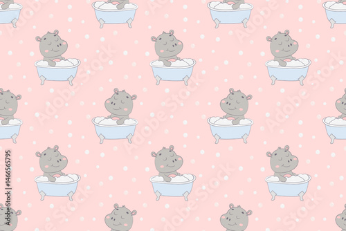 Cute Hippos Enjoy a Cozy Bath Time in a Playful Seamless Pattern With a Warm Pastel Backdrop