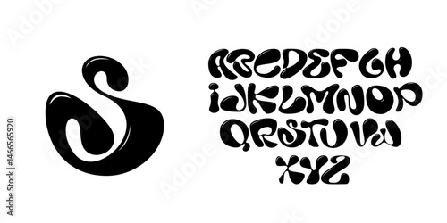 Abstract black Y2K alphabet. Black liquid ABC isolated on white background. Brutal typography design. 3D vector illustration in bubble brutalism style. Groovy modern alphabet. Funky letters