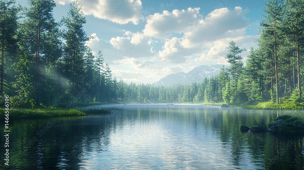 Fototapeta premium Tranquil lakes, forests, mountains, sky