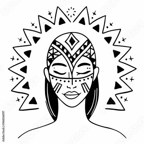 Tribal Woman with Decorative Face Tattoo in Black and White  