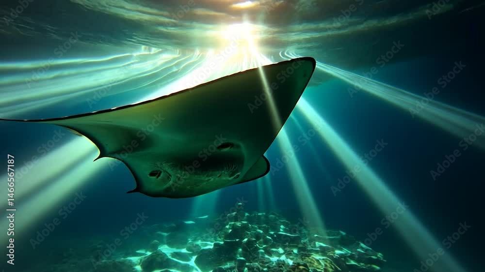Underwater view of a stingray swimming near the surface, with sunbeams shining through the water. The seabed is visible with coral formations