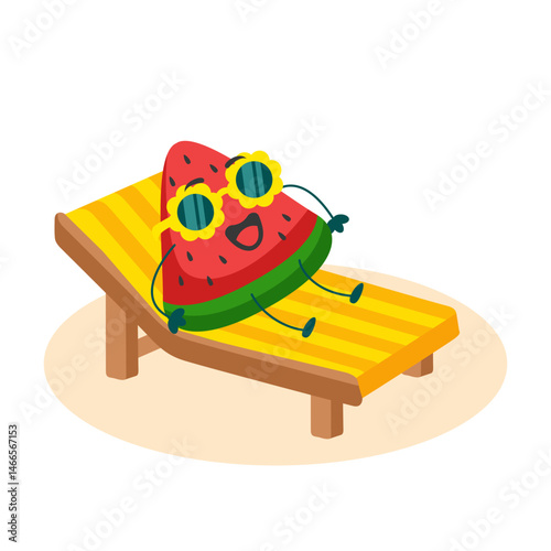 watermelon slice mascot character relax on a beach chair illustration