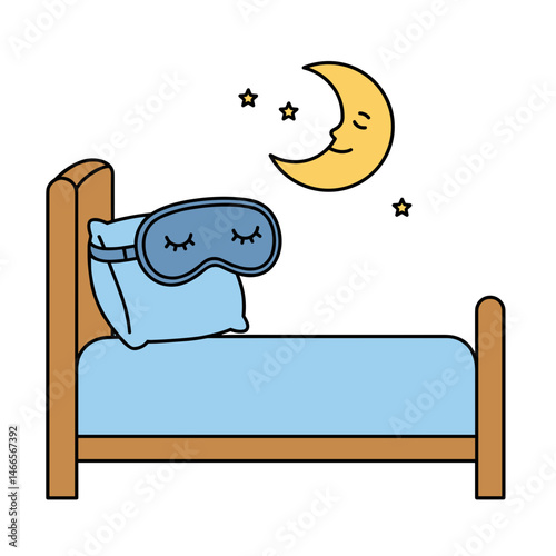 Cozy bed with sleep mask and a smiling moon illustration  