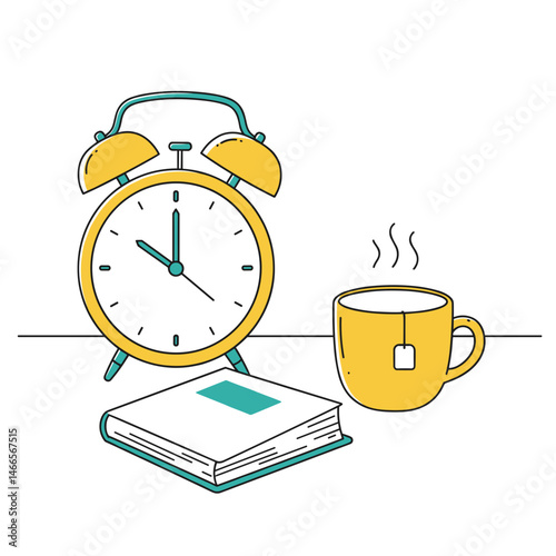 Cozy tea time setup with clock, book, and steaming cup  