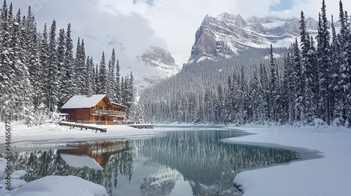 Snowy winter cabin on a frozen lake nestled in mountains.