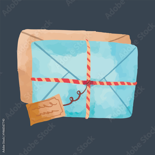 Watercolor Illustration of a Tied Envelope and Package in isolated background