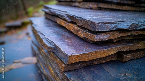 Appalachian slate layers close-up revealing wet blue-gray surfaces with natural stratification and golden-brown edges in sunlight