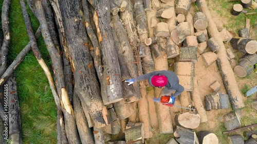 Lumberjack with a chainsaw cutting trees in the forest. Preparing firewood for winter. Top down view. Aerial view from drone
