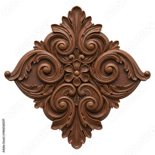 A diamond shaped, dark brown wooden panel showcases elaborate baroque and rococo carvings with floral and swirl motifs. The intricate details are highly ornate and symmetrical.
