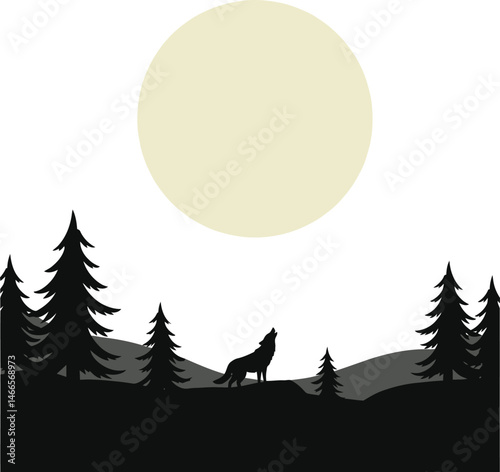 Wolf Howling at Moon in Dark Forest Illustration