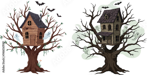 Haunted Treehouse with Ghosts and Bats