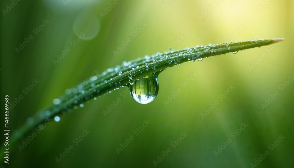 Obraz premium Close-up of a water droplet on a green leaf with soft sunlight in the background