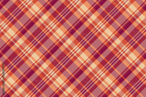 Velvet pattern fabric plaid, age seamless check texture. Funky tartan background textile vector in red and orange colors.