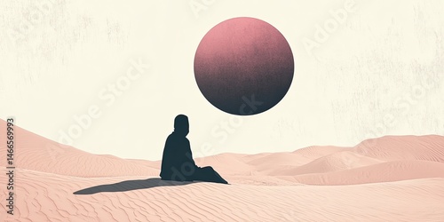 Desert Contemplation Lone Figure with Cosmic Orb, and Surreal Landscape.