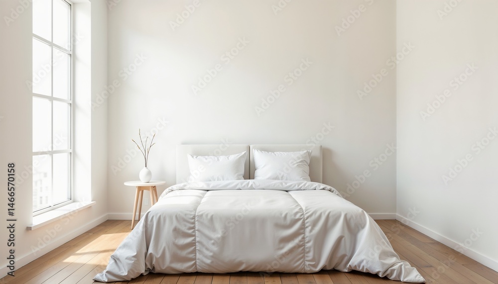 Fototapeta premium Cozy minimalistic bedroom with a white bedspread and natural light streaming through windows